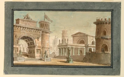 Diseño escénico, grupo de edificios cerca del puerto