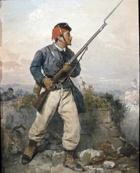 Soldado de la guarnición de los "Cazadores de los Alpes" del ejército garibaldino, hacia 1859 (óleo sobre lienzo)