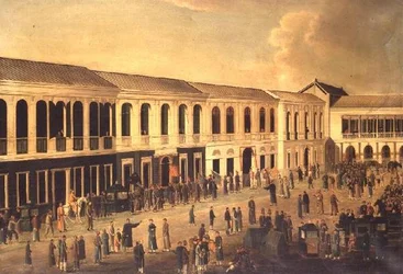 Una vista de los Hongs en el paseo marítimo de Cantón, c.1825