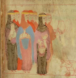Cott Claud B IV f.76 Mujeres con diademas de oro, del Pentateuco Aelfric, de San Agustín, Canterbury