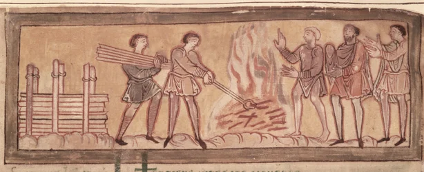 Cott Tib B V f.8 Calentamiento y herrería, c.1030 (vitela)