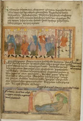 Algodón Claudio B. IV, f.59 Faraón hace ahorcar a su jefe panadero, vitela