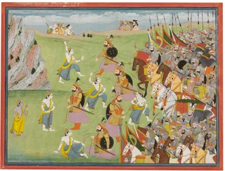 Una pintura del Mahabharata: Balabhadra luchando contra Jarasandha, Kangra o Garhwal, c.1810-20