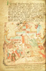 Cott Claud B IV f.15v Noé y su familia saliendo del Arca, del Pentateuco Aelfric, de San Agustín, Canterbury