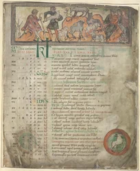 Cotton Tiberius B. V, Parte 1, f.5 Página del calendario de mayo. Cuidando ovejas. Dos pastores con su rebaño, uno sosteniendo un cayado y tres figuras sentadas. A los pies, Aries en círculo.