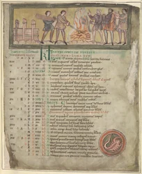 Cotton Tiberius B. V. Parte 1 f.8 Calentamiento y herrería, noviembre de un calendario, Winchester (?) Segundo cuarto del siglo XI (vitela)