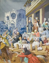 El abad Suger (c.1081-1151) y la construcción de la abadía de San Denis (gouache sobre papel)