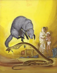 Mangosta matando serpiente en casa india (gouache sobre papel)