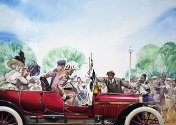 Estallido de la Primera Guerra Mundial, ilustración de "Grandes acontecimientos de la historia mundial" (gouache sobre papel)