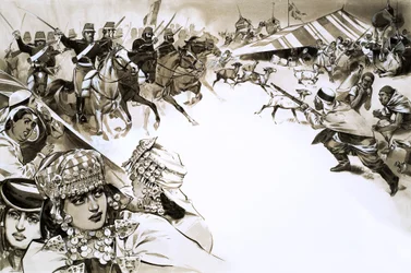 Los franceses invaden Argelia (gouache sobre papel)