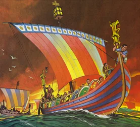 Los normandos cruzan el Canal hacia Hastings (litografía en color)