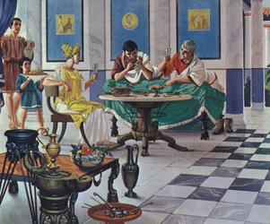 Familia romana adinerada, disfrutando de una comida (litografía en color)
