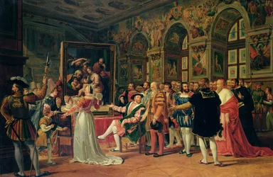 Francisco I (1494-1547) Recibiendo una pintura de la Sagrada Familia de Rafael