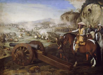 Capitán a caballo ordenando disparar el cañón durante la batalla, pintura de Aniello Falcone (1607-1656), óleo sobre lienzo, 94x131 cm