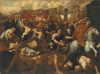 La batalla entre los israelitas y los amalecitas observada por Moisés, con sus brazos sostenidos por Aarón y Hur