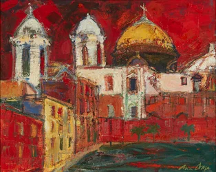 Catedral de Cádiz y edificios, cielo rojo