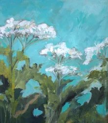 Flores blancas, cielo turquesa