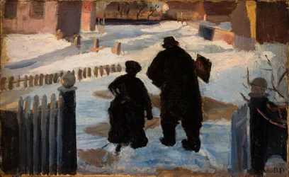 Michael Ancher de camino a su estudio acompañado por la organista Helene Christensen