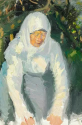 Mujer de Skagen con un pañuelo blanco.