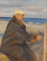 Michael Ancher pintando en la orilla