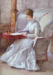 Una mujer de blanco escribiendo en un escritorio, c. 1864-1930