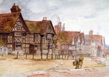 Calle del pueblo con casas Tudor, c1864-1930