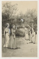 Hombres y mujeres juegan al croquet