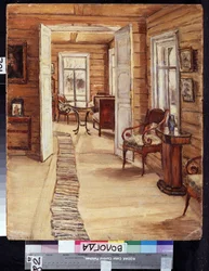 Interior de la finca de L.Panteleyev en Murmanov (Rusia). Descripción del mobiliario y decoración de la casa de madera. Pintura de Anna Nikolayevna Karinskaya (1871-1931), óleo