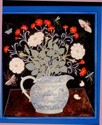 Jarra azul y rosas rojos