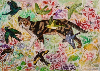 Tabby y los pájaros, 2019 (acrílico)