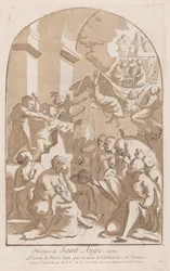 El martirio de San Ángelo quien en la parte superior izquierda está siendo apuñalado observado por horrorizados, 1729-64