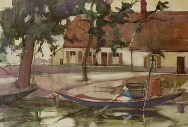 Barco en un canal, pueblo francés