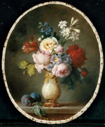 Un jarrón de flores y dos ciruelas sobre una mesa de mármol, 1781