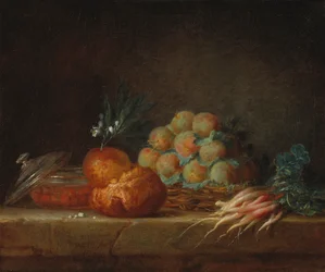Bodegón con brioche, fruta y verduras, 1775