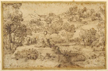 Paisaje, en primer plano tres hombres descansando y un perro dormido, junto a un arroyo