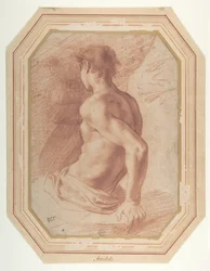 Vista de espaldas de un joven desnudo sentado mirando a la izquierda