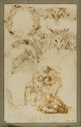 Sileno borracho y bocetos decorativos: Estudios para la Tazza Farnese (anverso); Dos putti luchando: Estudio para la Galleria Farnese (verso)