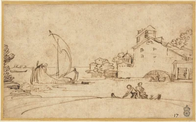 Paisaje con figuras junto a un estuario con barcos de vela