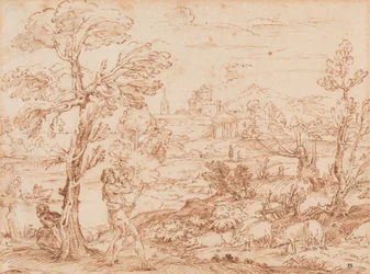 Paisaje con pastor y cerdos,
Siglo XVI-principios del XVII (Pluma y tinta sobre papel)