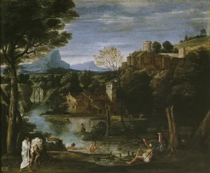 Paisaje con río y bañistas