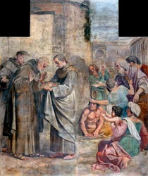 El milagro de las rosas - Acusado de robo de alimentos, el monje franciscano español San Diego de Alcalá (1400-1463) descubre que los alimentos escondidos en su hábito para dárselos a los pobres se han convertido en rosas - Pintura de Annibale Carracci (An