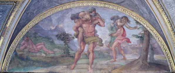 Luneta que representa a Eneas huyendo de Troya en llamas llevando a su padre Anquises seguido por Ascanio llevando a su madre