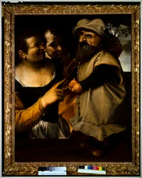 Hombre y mujer admirando a un niño disfrazado, c.1582-85 (óleo sobre lienzo)