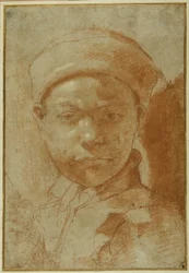 Retrato de un joven, busto, con un gorro redondo