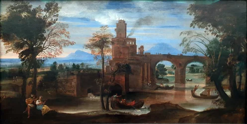 Paisaje fluvial romano con fuerte y puente