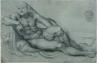 Estudio de Hércules descansando, con estudios separados de la cabeza y el pie (anverso); cuadrícula rectangular (reverso)