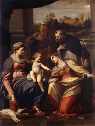 La Madonna y el Niño con los santos Lucía, Domingo y Luis de Francia, un paisaje con una ciudad a través de una ventana