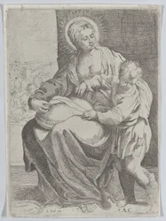 La Virgen sentada sosteniendo una almohada en su regazo con el joven Cristo de pie a la derecha..., 1580-1600