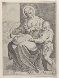 La Virgen sentada sosteniendo una almohada en su regazo con el joven Cristo de pie a la derecha..., 1580-1600