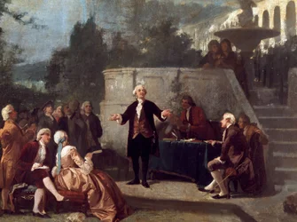 El dramaturgo italiano Carlo Goldoni (1707-1793) declara un soneto ante los miembros de la Colonia Alfea en el Jardín Scotto de Pisa. Pintura de Annibale Gatti